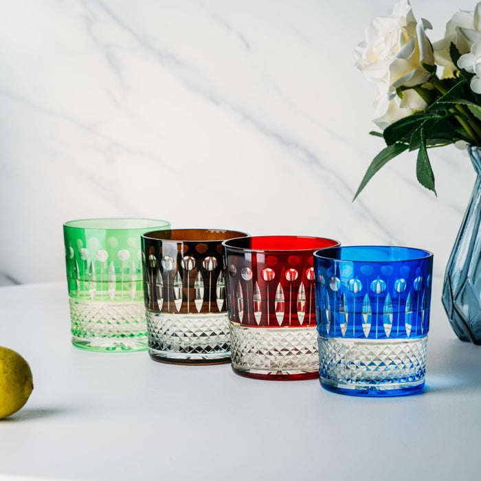 The Wine Savant Crystal Italian Multicolor Design Cups -Set of 4 Whiskey Glasses 8oz 3.5" H Bohemian Venetian Italian Style Red, Blue, Green, Black Glasses, for Dinner Parties, Bars & Weddings