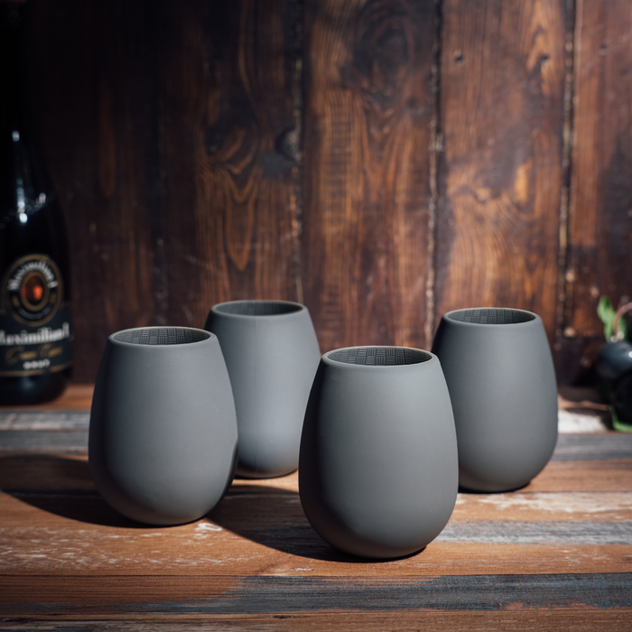 Unbreakable Silicone Stemless Wine Glassware | Set of 4 | Reusable & Shatterproof Tumbler Drinkware for Wine, Water, Cocktails, Champagne Glass for Parties, Camping, Beaches, Boats - (Dark Grey)