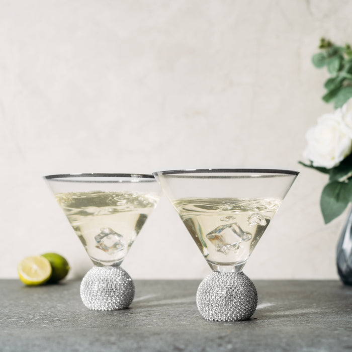 Diamond Studded Martini Glasses Set of 2 - The Wine Savant - Silver Rimmed Modern Cocktail Glass, Rhinestone Diamonds With Stemless Crystal Ball Base, Bar or Party 10.5oz, Swarovski Style Crystals