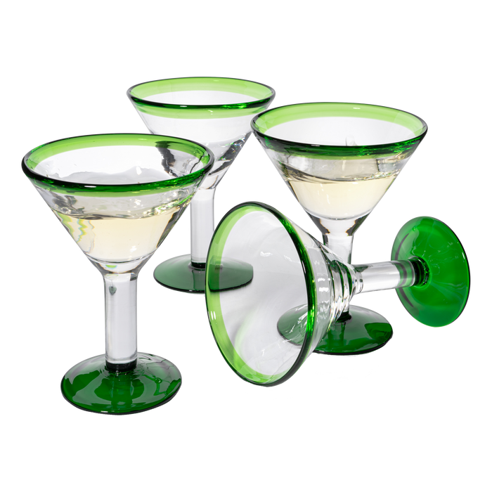 Mexican Hand Blown Martini & Margarita Glasses - Green Rim Detailed - Set of 4-10oz - Carmen Cinco de Mayo - Luxury Mexican Glassware Thick, Juice & Cocktail For Holidays & Celebration Confetti