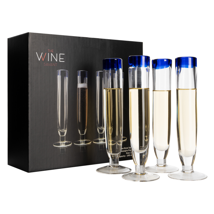 Tall Recycled Champagne Flutes - Set of 4 - Mexican Hand Blown Cobalt Blue Rim Flute – Luxury Mexican Thick Glassware 7oz, Juice & Cocktail Drinking Glass Holiday Celebration, Weddings, Anniversary