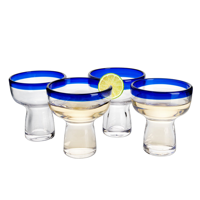 Mexican Hand Blown Blue Rim Margarita Glasses - Set of 4 - Stemless Glass Luxury Hand Blown Mexico Margarita, Martini & Champagne Glasses Cinco de Mayo Glass, Large Party Cobalt Mexico Blue Rim Design