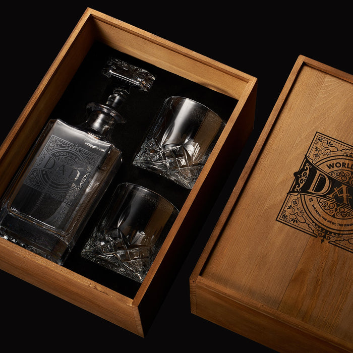 Gift for Dad Whiskey Decanter Gift Set | 730mL Decanter 2 Whiskey Glass | Father's Day, Birthday, Housewarming Gift for Your Loved One, Men, Dad, Him, Beautiful Wooden Gift Box