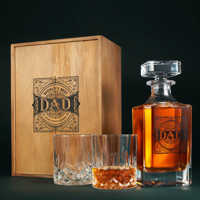 Gift for Dad Whiskey Decanter Gift Set | 730mL Decanter 2 Whiskey Glass | Father's Day, Birthday, Housewarming Gift for Your Loved One, Men, Dad, Him, Beautiful Wooden Gift Box