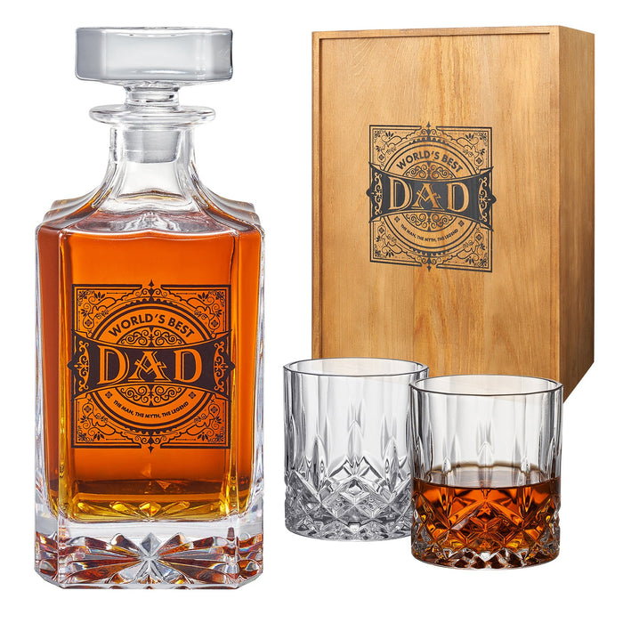 Gift for Dad Whiskey Decanter Gift Set | 730mL Decanter 2 Whiskey Glass | Father's Day, Birthday, Housewarming Gift for Your Loved One, Men, Dad, Him, Beautiful Wooden Gift Box