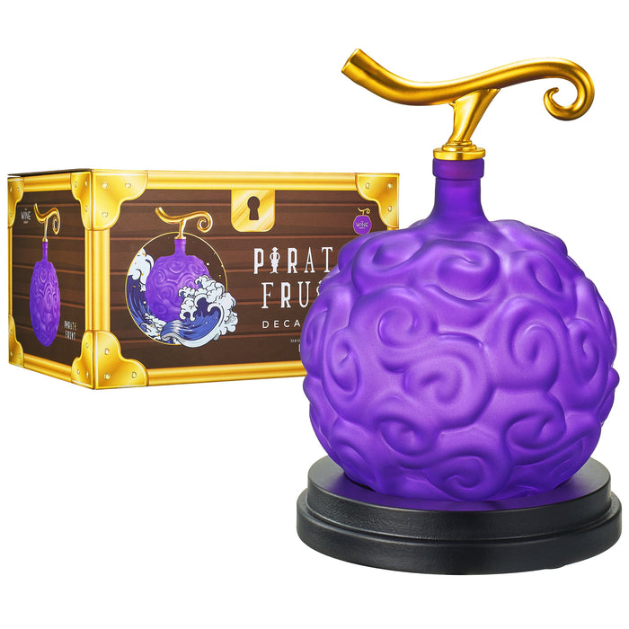 Fruit Whiskey & Wine Decanter, 34 OZ Anime Pirate Devil Colored Barware - Anime Merch, Purple Gold Fruit, One Decanter and Beautiful Mahogany Wood Base Piece Holder Liquor, Scotch, Rum, Bourbon