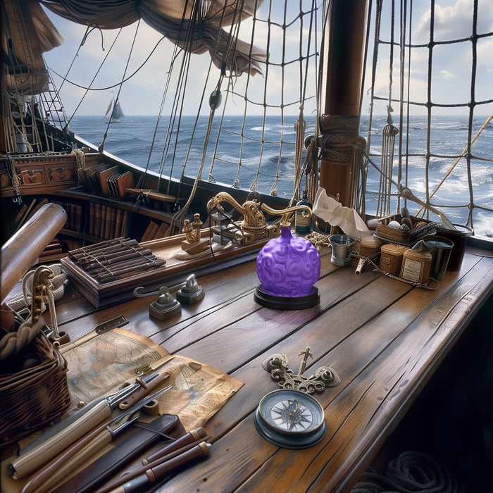 Fruit Whiskey & Wine Decanter, 34 OZ Anime Pirate Devil Colored Barware - Anime Merch, Purple Gold Fruit, One Decanter and Beautiful Mahogany Wood Base Piece Holder Liquor, Scotch, Rum, Bourbon