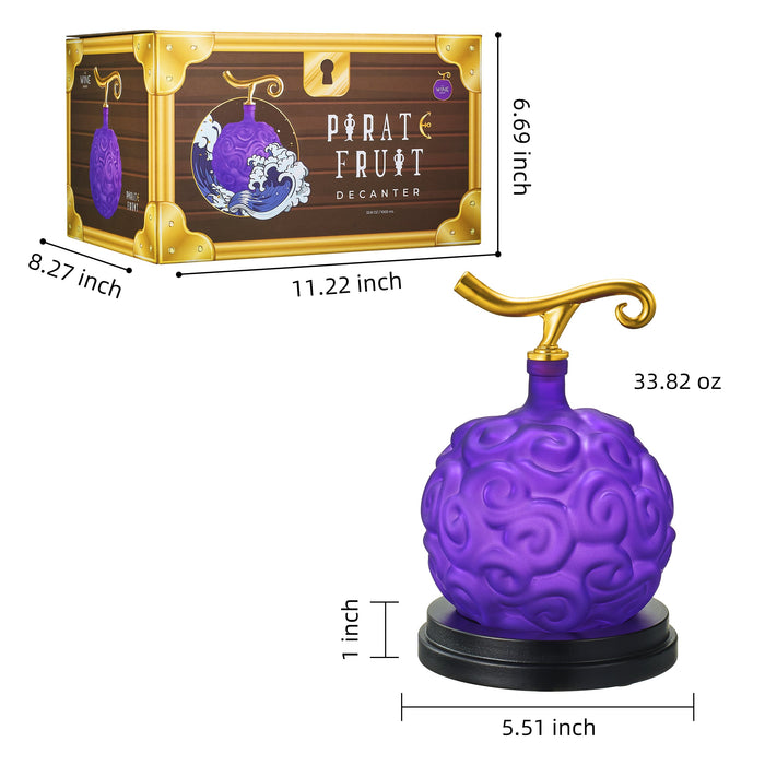 Fruit Whiskey & Wine Decanter, 34 OZ Anime Pirate Devil Colored Barware - Anime Merch, Purple Gold Fruit, One Decanter and Beautiful Mahogany Wood Base Piece Holder Liquor, Scotch, Rum, Bourbon