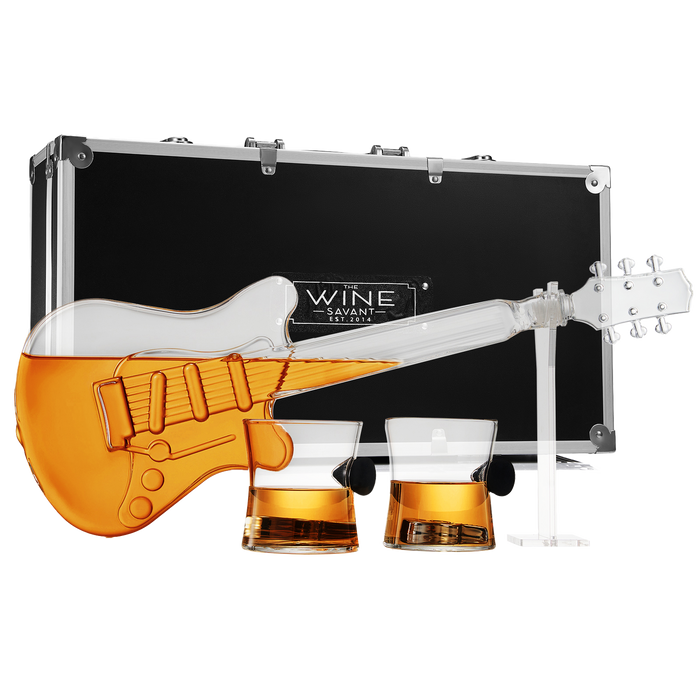 Electric Guitar Whiskey & Wine Decanter with 2 Pick Whiskey Glasses, Acrylic Stand & Case - 34 OZ Glass 16" L for Whiskey Music Lover & Rock N Roll Gifts Musician Music Lovers, Guitar Loves Gifts