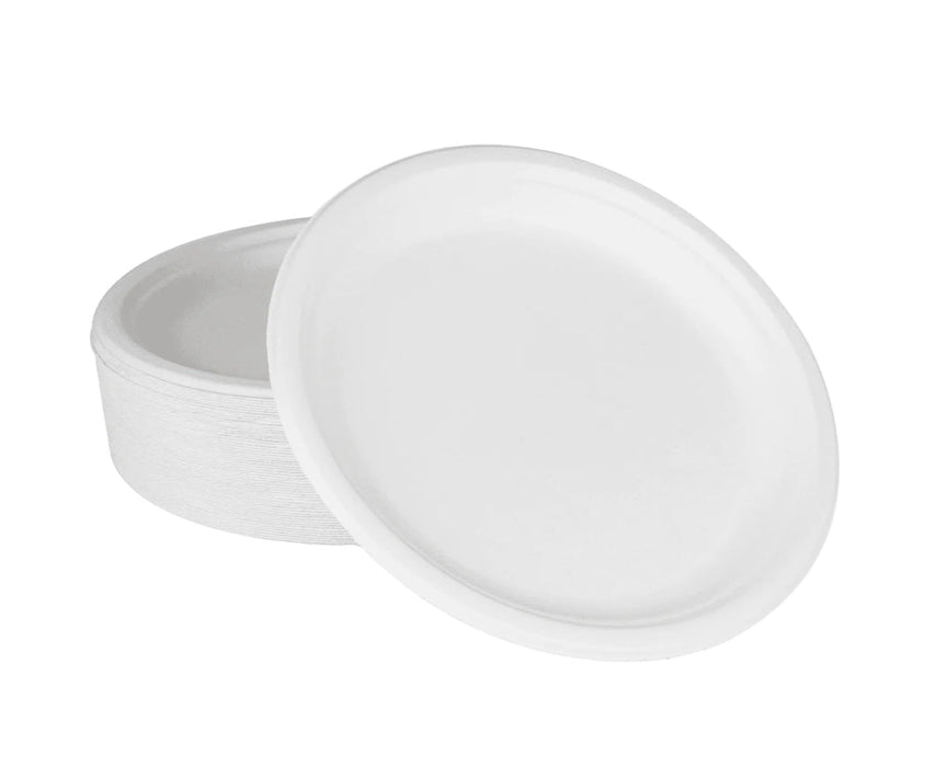 10'' PFAS Free Compostable Bagasse Round Plates, White - 500 pcs