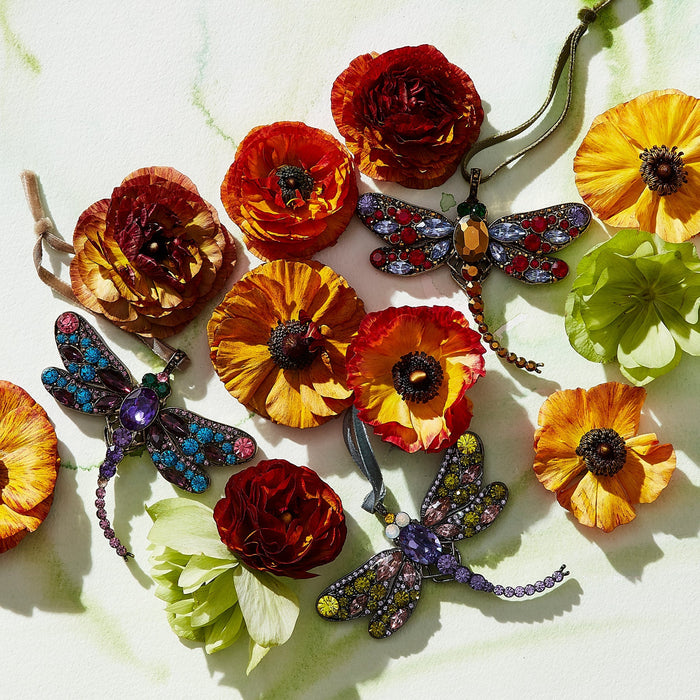 Dragonfly hanging ornament, ruby and amethyst