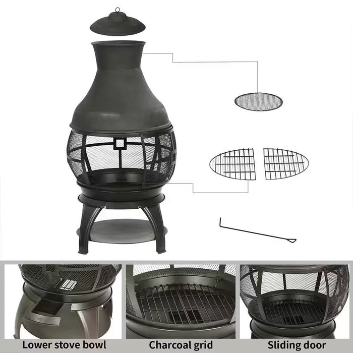 45-inch Black Cast Iron and Steel Outdoor Fire Pit Chimenea