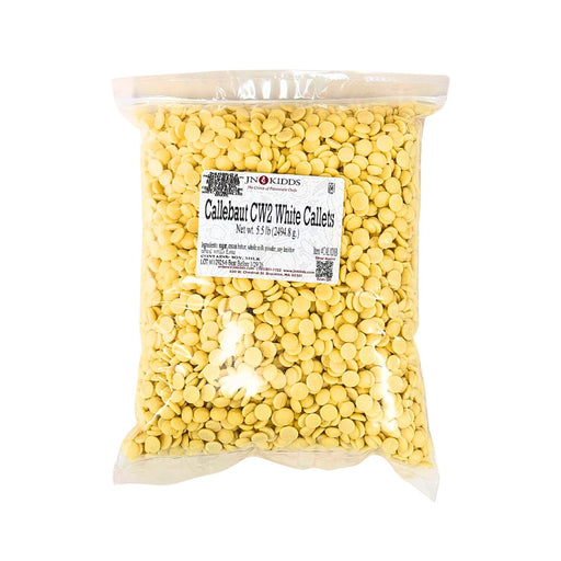 Clear vacuum-sealed bag of Callebaut CW2 White Chocolate Callets – 5.5 lb of Belgian white couverture callets
