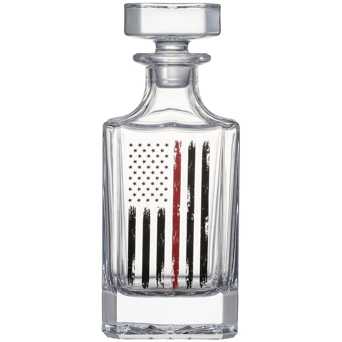 Firefighter Tactical Red Tattered American Flag Whiskey Decanter Gift Set | 730mL Decanter 2 Whiskey Glass | First Responder Gift for Fire Fighter, Red Rights, 2nd Amendment Gifts, FD Men, Dad, Him