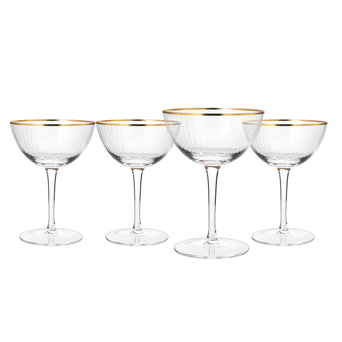 The Wine Savant Gold Rim Glasses 6 oz, Set of 4 Gold Rim Classic Manhattan Glasses For Martini, Cocktails, Champagne, Water & Wine - Classic Coupes Gilded Rimed, Crystal with Stems, Coupe