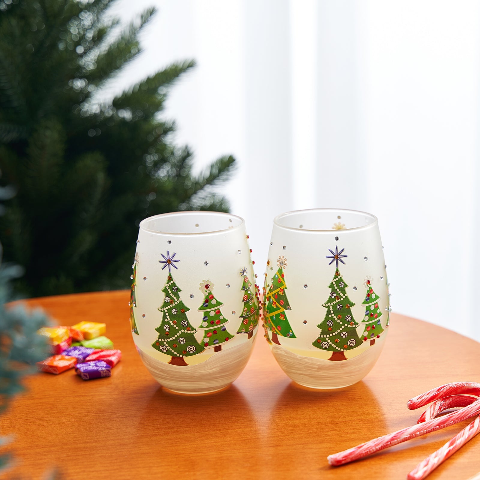 Christmas Tree Holiday Themed Wine & Water Glasses