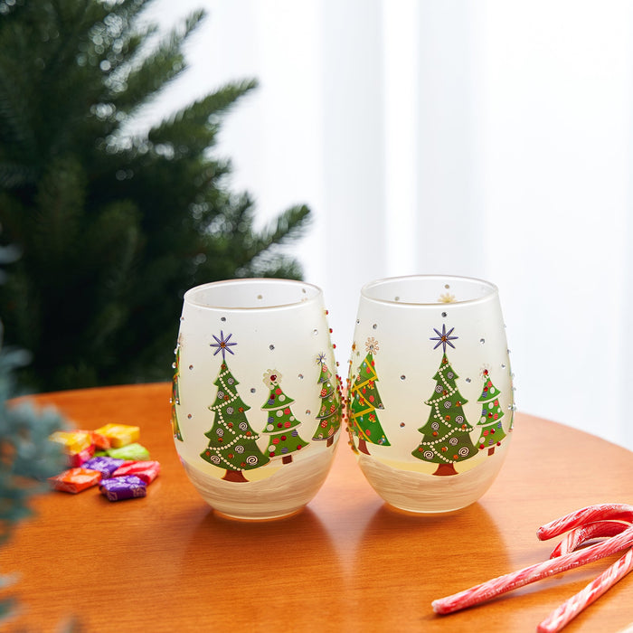 Christmas Tree Holiday Themed Wine & Water Glasses - Set of 2 - Shining Red Green Yellow Silver, Holidays Parties Santa Gifts Glassware - Xmas Trees - 17.5oz - New years Eve Festive Glass - Stemless