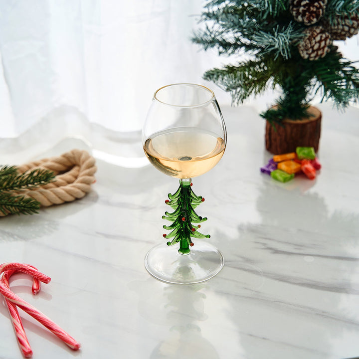 Crystal Christmas Holiday Tree Stemmed Wine Glass - Green