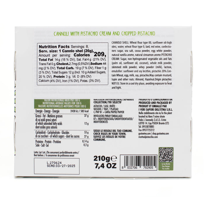 Gusto Etna, Sicilian 8 pcs Cannoli filled with Pistachio Cream Gift Box
