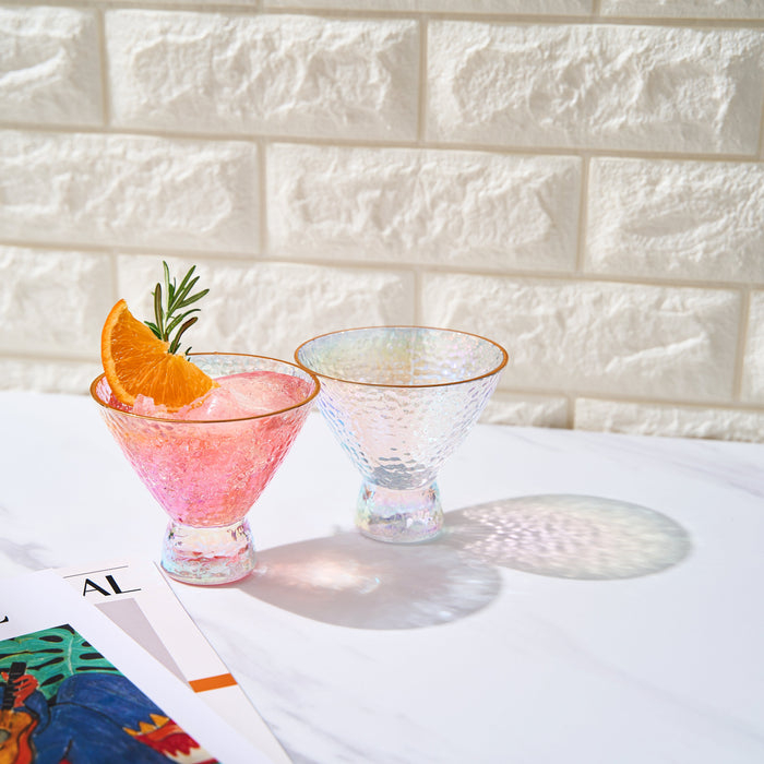 Iridescent Lustered Stemless Martini Glasses Set of 2 - Hammered Cocktail & Martini Glasses - Luxury Gift Box - Gold Rim 8oz Colorful Stemless Glassware - Weddings, Anniversary, Christmas, Barware