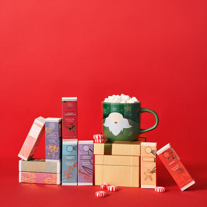 Kiri & Sons Hot Chocolate Gourmet Gift Set of 9 | 28G Per Flavor, 9 OZ Total | Flavors Include Caramel, Peppermint Mocha, French Vanilla, Gingerbread and More, Comes in Gift Box with Gold Bow