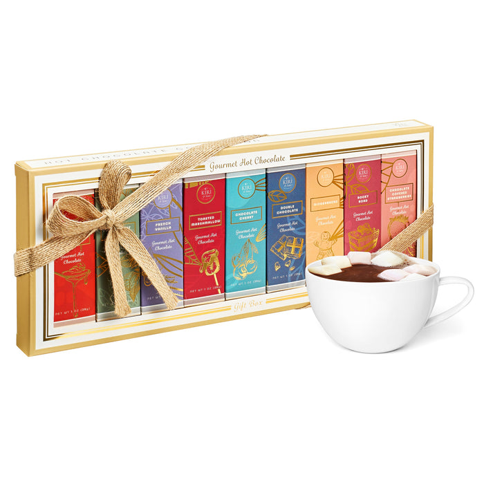 Kiri & Sons Hot Chocolate Gourmet Gift Set of 9 | 28G Per Flavor, 9 OZ Total | Flavors Include Caramel, Peppermint Mocha, French Vanilla, Gingerbread and More, Comes in Gift Box with Gold Bow