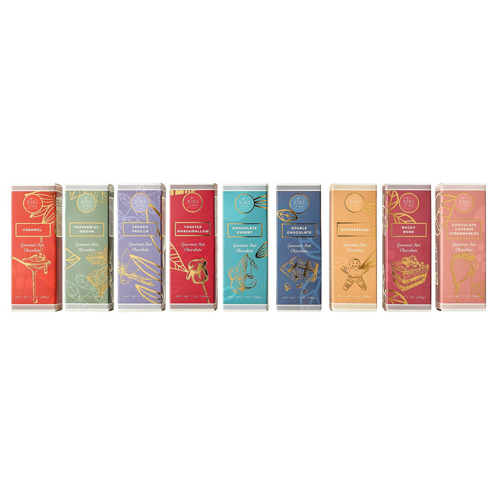 Kiri & Sons Hot Chocolate Gourmet Gift Set of 9 | 28G Per Flavor, 9 OZ Total | Flavors Include Caramel, Peppermint Mocha, French Vanilla, Gingerbread and More, Comes in Gift Box with Gold Bow