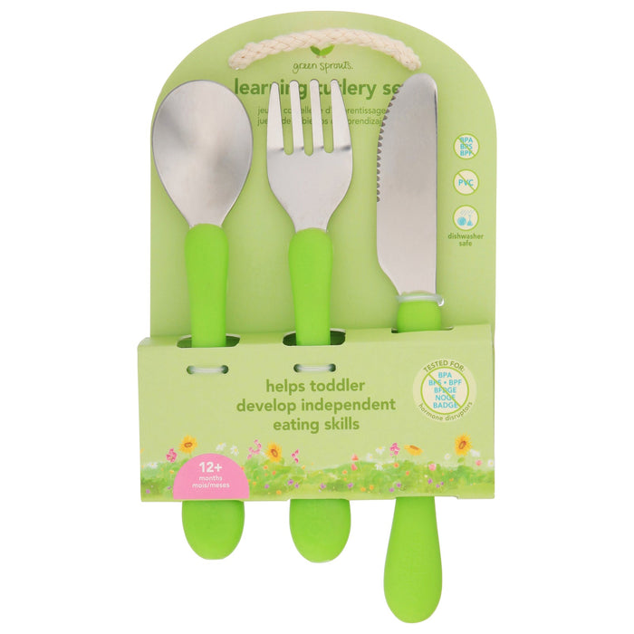 Green Sprouts Cutlery Training Set for Toddlers, 12+ Months, 3-Piece Infant Feeding Set (One Fork, One Spoon, One Knife)