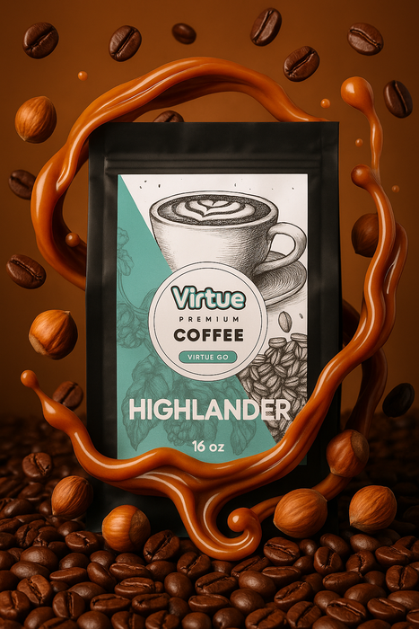 Highlander (Butterscotch, Caramel & Hazelnut) Flavored Coffee – 16oz | Virtrue Premium