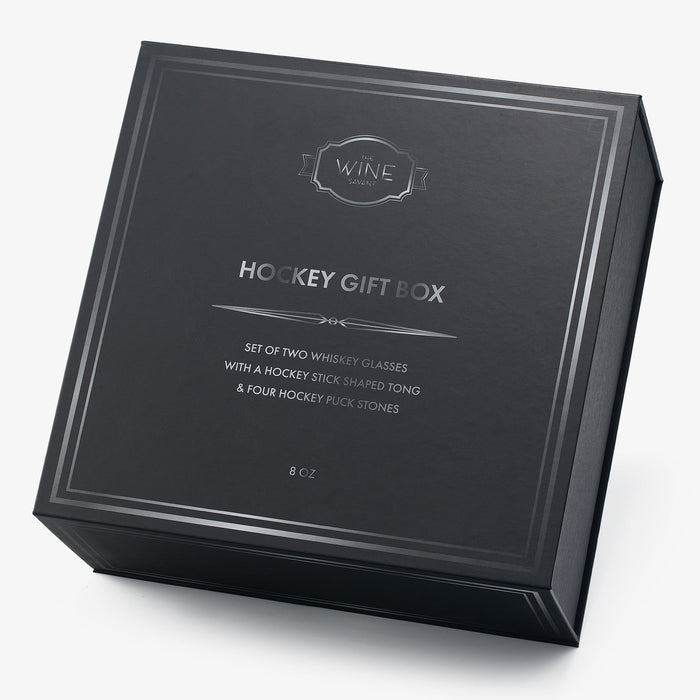 Hockey Whiskey Stones Set | 7pcs - 4 Hockey Puck Chill Stones with Cooling Gel, Hockey Stick Tongs & 2 Classy Whiskey Glasses | Prime Hockey Gifts for Coaches! | | Ideal for Him, Dad, Hockey Present