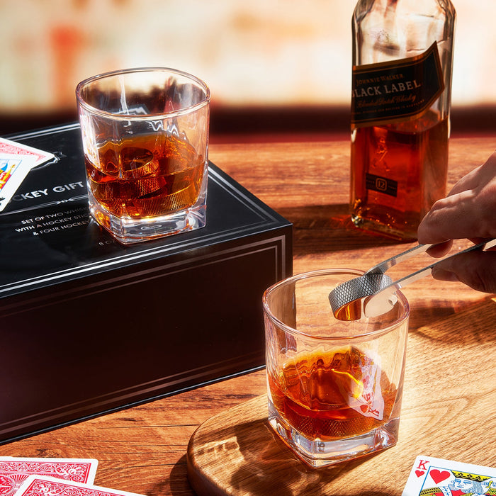 Hockey Whiskey Stones Set | 7pcs - 4 Hockey Puck Chill Stones with Cooling Gel, Hockey Stick Tongs & 2 Classy Whiskey Glasses | Prime Hockey Gifts for Coaches! | | Ideal for Him, Dad, Hockey Present