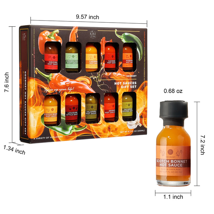 Gourmet Hot Sauce Sampler Gift Set of 10, Flavors Include Habanero, Scotch Bonnet, Jalapeno, Sriracha, Louisiana Style, Cayenne, Red & Green Chili and More, Variety Pack Gifts