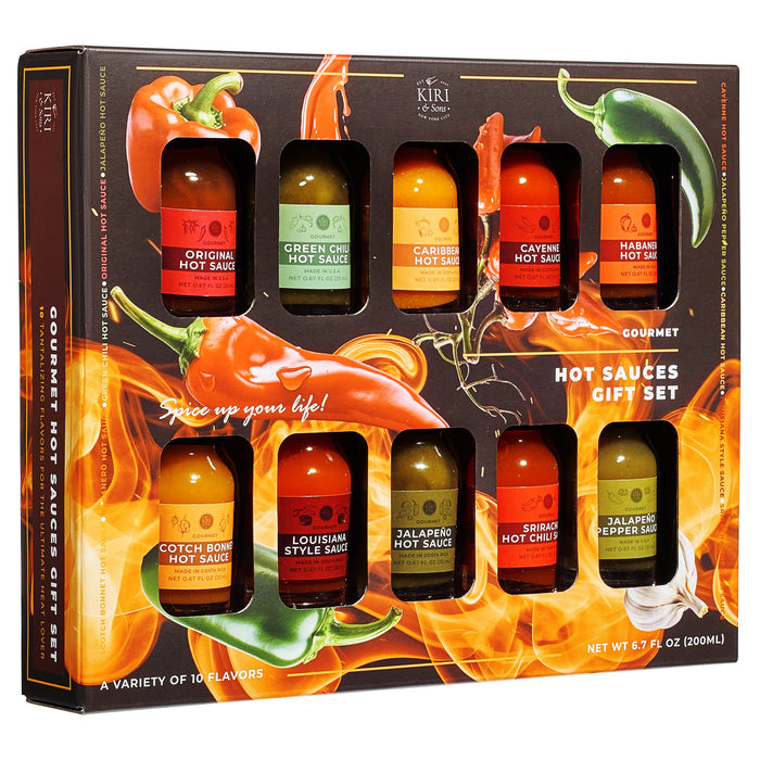 Gourmet Hot Sauce Sampler Gift Set of 10, Flavors Include Habanero, Scotch Bonnet, Jalapeno, Sriracha, Louisiana Style, Cayenne, Red & Green Chili and More, Variety Pack Gifts
