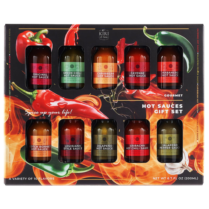 Gourmet Hot Sauce Sampler Gift Set of 10, Flavors Include Habanero, Scotch Bonnet, Jalapeno, Sriracha, Louisiana Style, Cayenne, Red & Green Chili and More, Variety Pack Gifts