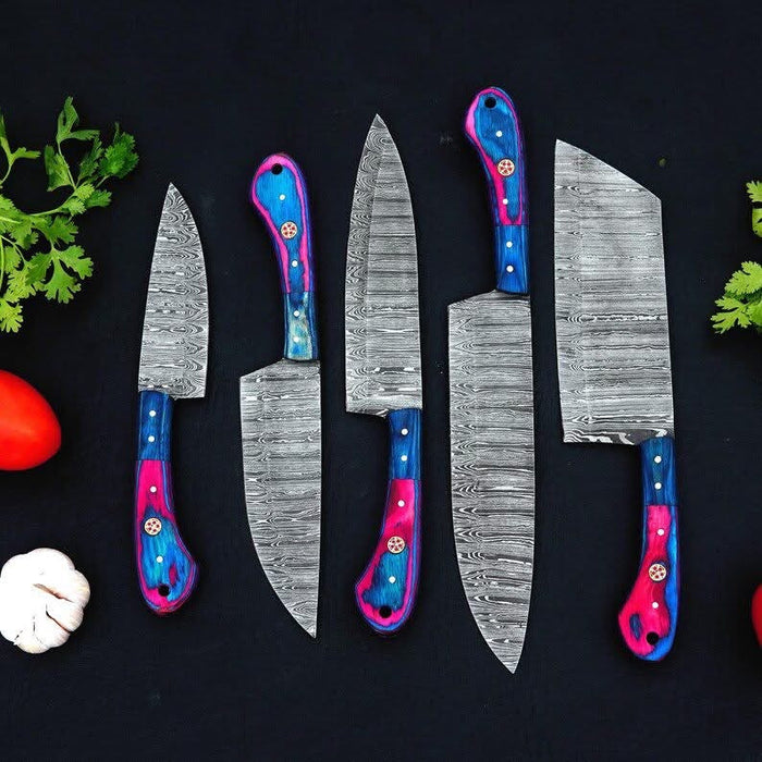 5-Piece Pink and Blue Resin Handle Chef Knife Set with Patterned Steel Blades