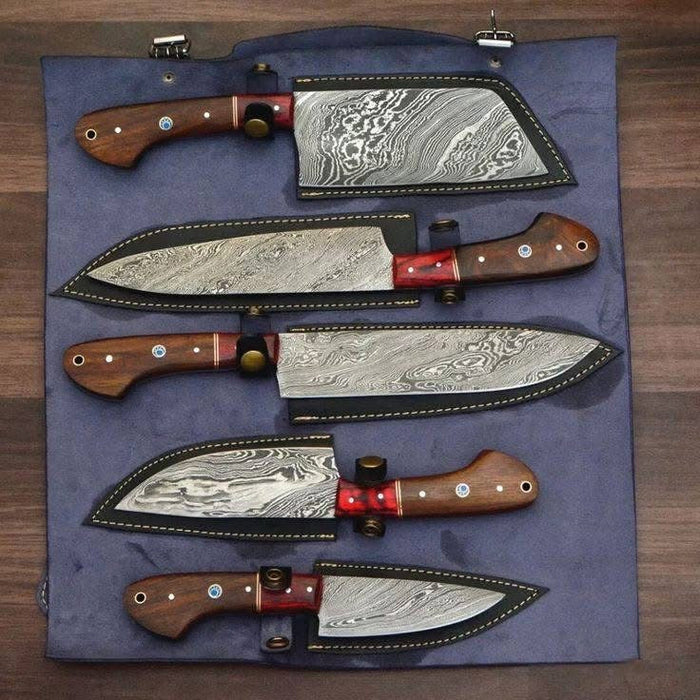 4-Piece Chef Knife Set with Wood Handles and Red Resin Accents