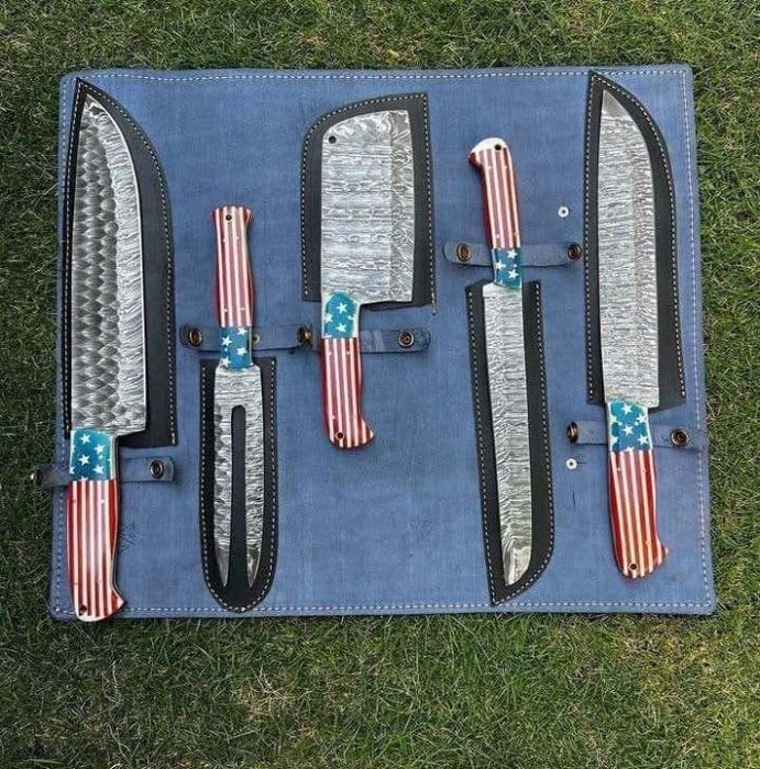5-Piece Patriotic Chef Knife Set with Leather Roll Case