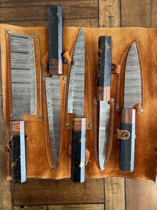 5-Piece Resin Handle Knife Set with Tortoiseshell Accents and Leather Roll Case