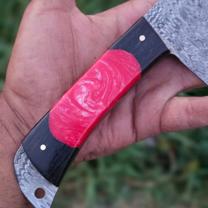 Damascus Pattern Nakiri Cleaver Knife with Red Resin Handle