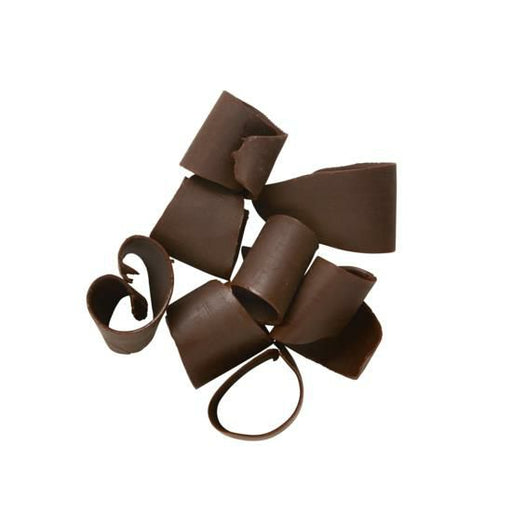 Mona Lisa curled dark chocolate shavings in a 5 lb case, made with real cocoa butter for professional dessert decoration.