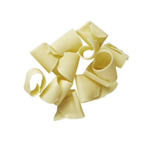 Mona Lisa curled white chocolate shavings in a 5 lb case, perfect for elegant dessert garnish and professional pastry decoration.

