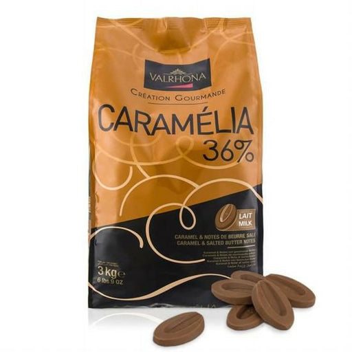 Package of VALRHONA Caramelia 36% Chocolate, showcasing its unique blend of milk chocolate and caramel for a luxurious taste experience.