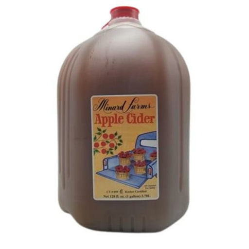 1-gallon jug of Minard Farms Fresh Pressed Apple Cider, seasonal, 100% natural, made from a blend of handpicked apples.