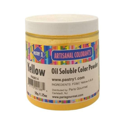 Jar of Pastry 1 Yellow Oil Soluble Color Powder, perfect for adding vibrant color to chocolates and pastries.