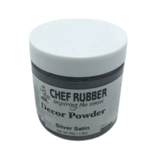 Chef Rubber Brand Silver Satin Decor Powder container with reflective silver finish, ideal for enhancing dessert presentation.