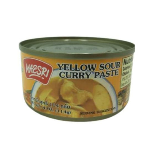 Jar of Maesri Brand Yellow Sour Curry Paste, crafted with traditional Thai herbs and spices for authentic flavor.