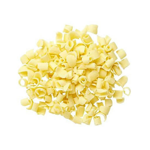 Ivory white chocolate blossom curls by Mona Lisa in a 10 lb bulk case, petal-style curls perfect for elegant dessert decoration.