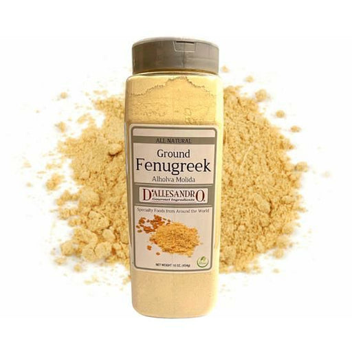D'Allesandro Ground Fenugreek in a 16 oz package, ideal for adding aromatic and nutty flavors to dishes.