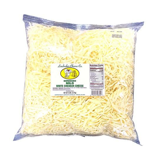 Bulk 5 lbs bag of Laubscher Cheese Co. Shredded Mild White Cheddar, artisan-crafted for superior cooking and baking