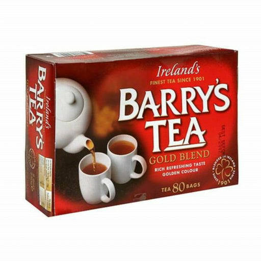Box of Barry's Tea Gold Blend with 80 premium Irish black tea bags, rich and aromatic for a superior tea experience.